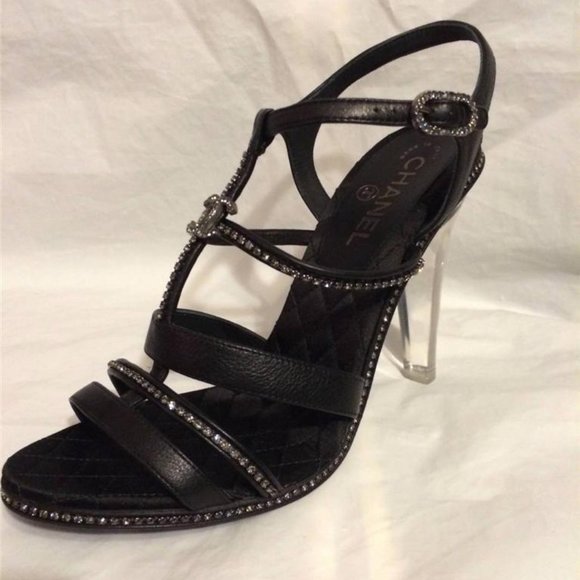 CHANEL 14C Leather Crystal Jewel CC Strappy Sandal Lucite PVC Heel Shoes - Picture 3 of 12
